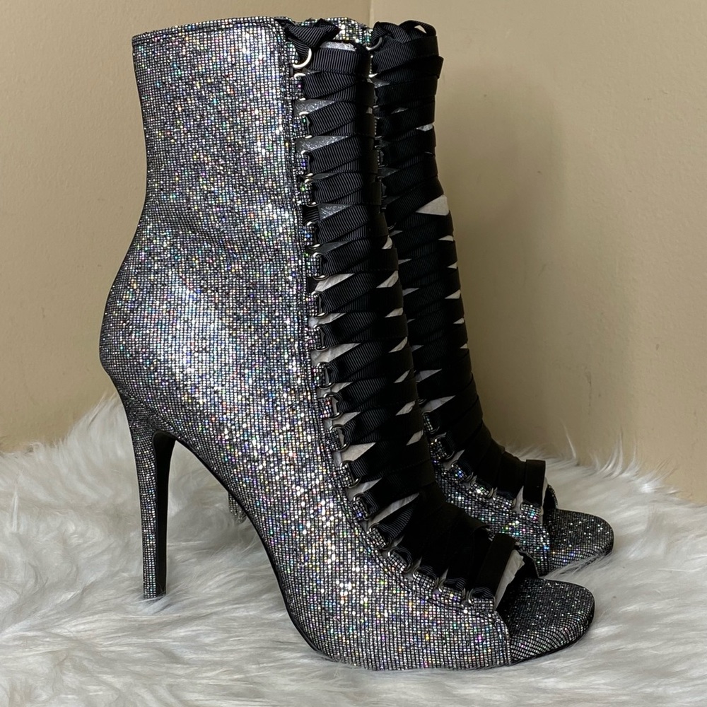 Steve Madden Iridescent Glitter Lace-Up Peep-Toe Stiletto Booties - Black Ribbon - Picture 3 of 9